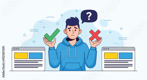 Young Man Confused Choosing Between Two Web Pages
