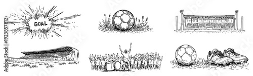 Set of hand drawn soccer icons featuring stadium fans ball and cleats in a doodle style
