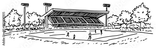 Hand drawn doodle sketch of a soccer stadium with players on the field and bright floodlights