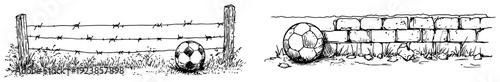 Soccer ball next to barbed wire fence and brick wall hand drawn sketches