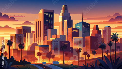 Very beautiful Los Angeles skyline during sunset glowing with warm golden hues, reflecting dramatic light across glass towers and palm lined avenues in a vibrant California evening atmosphere.
