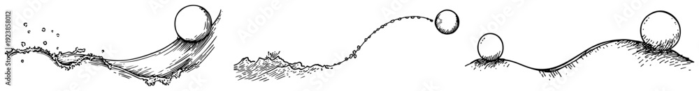 Fototapeta premium Movement sequence of a ball rolling and splashing in water hand drawn doodle style