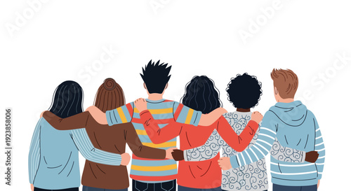 Diverse Group of Friends Hugging from Behind on White Background