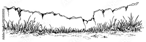 Nature landscape with wild grass and cracked stone wall hand drawn sketch