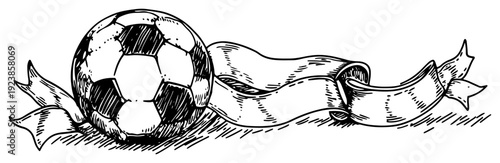 Vintage style doodle of a soccer ball surrounded by a flowing decorative ribbon banner