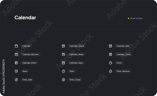 Modern dark mode calendar and time management icon set for digital applications, featuring sleek minimalist design elements on a black background.