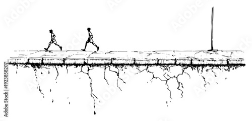 Hand drawn doodle illustration of two people walking on a city sidewalk above deep ground cracks