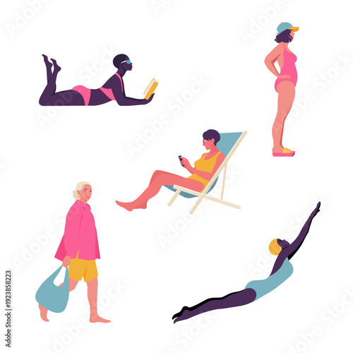 Flat vector illustration set of women enjoying summer beach vacation. Diverse female relaxing by the sea — reading, sunbathing, walking and diving into water. Concept of leisure, travel, seaside