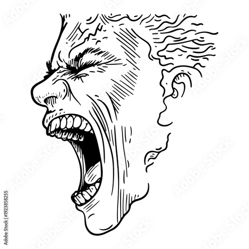 Angry man face profile shouting with open mouth in intensive hand drawn sketch style