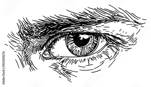Detailed human eye close up with expressive eyebrow in hand drawn line art style