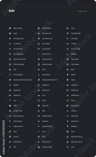 Dark mode user interface with a comprehensive list of white vector icons, representing various digital editing tools and functions for modern software applications.