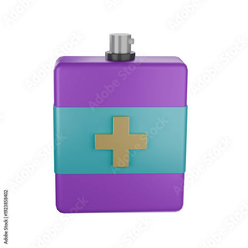 Εκτύπωση καμβά Sterile Sanity: A simple, yet bold, render of a health product, a vibrant violet bottle adorned with a teal band, featuring a golden cross, the design radiates sterile security