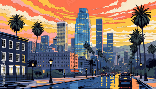 Very beautiful Los Angeles skyline during sunset glowing with warm golden hues, reflecting dramatic light across glass towers and palm lined avenues in a vibrant California evening atmosphere.
