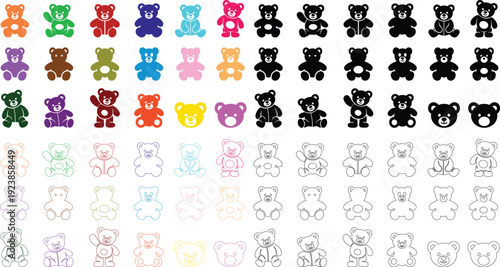 teddy bear vector set collection group with cute toy silhouette and outline icons, baby nursery plush mascot symbol isolated on transparent background, editable minimalist design