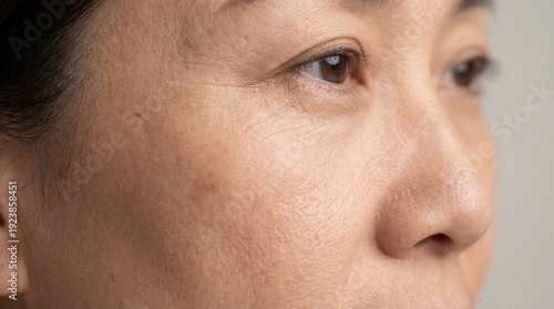 Close up of senior Asian woman with skin wrinkles and sun spots.