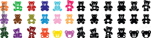 teddy bear vector set collection group with cute toy silhouette and outline icons, baby nursery plush mascot symbol isolated on transparent background, editable minimalist design