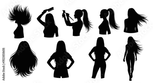 Beauty and Hair Care Vector Silhouettes of Women: Various Hairstyles, Female Profiles, Hair Styling Tools like Comb and Curling Iron