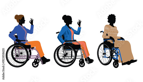 Diverse women in wheelchairs silhouette vector art