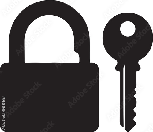 Black padlock and key isolated on transparent background