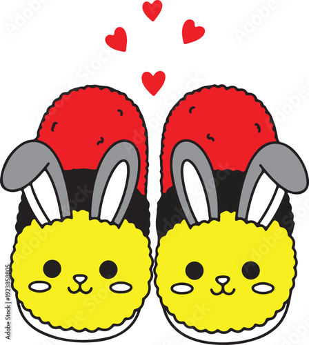 Cute cartoon bunny slippers isolated on transparent background with hearts
