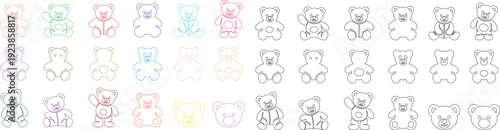 teddy bear vector set collection group with cute toy silhouette and outline icons, baby nursery plush mascot symbol isolated on transparent background, editable minimalist design