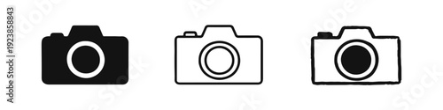 Photo Camera Icons Set - Photography Equipment Symbols in Solid, Outline, and Hand-Drawn Style