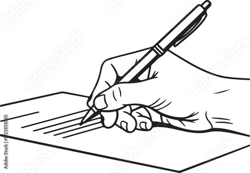 A hand holding a pen and writing on a piece of paper isolated on transparent background
