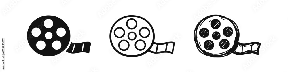 Obraz premium Film Reel Icons Set - Cinema, Movie, and Entertainment Symbols in Solid, Outline, Hand-Drawn