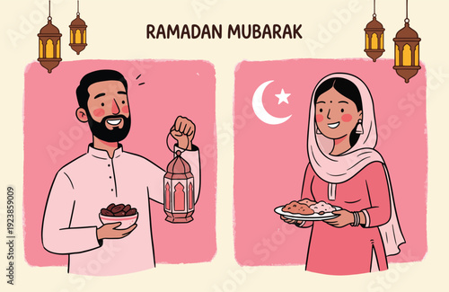 Muslim Couple Celebrating Ramadan Mubarak with Lantern and Traditional Food Illustration