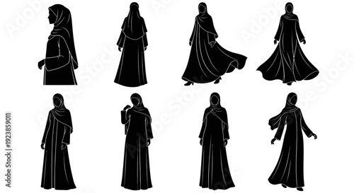 Modest Islamic Fashion Collection: Diverse Muslim Women Wearing Hijabs and Abayas - Black Silhouette Vector Illustrations