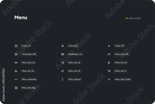 A dark mode UI design featuring a comprehensive menu with various icons and navigation elements for modern digital applications.