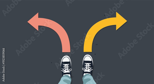 Person Standing at Crossroad with Two Curved Direction Arrows