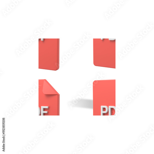 Four minimalist 3D rendered red PDF document icons with subtle shadows, representing digital files and data management on a clean white background.