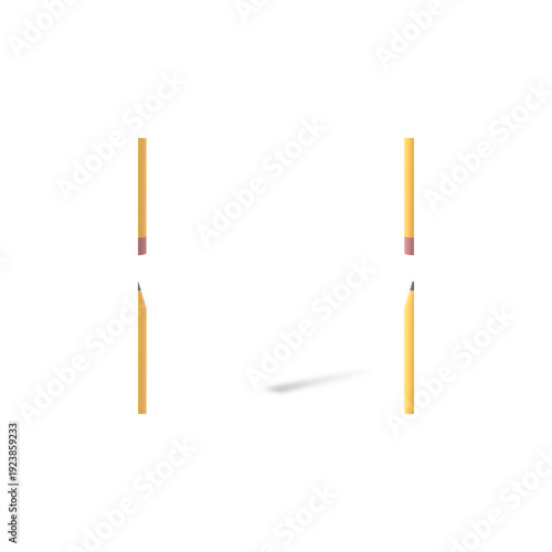 Four yellow wooden pencils, two with sharpened graphite tips and two with pink erasers, presented vertically on a clean white background with a subtle shadow.