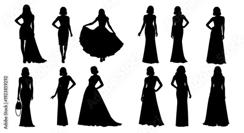 Fashion  Events Female Silhouettes Vector Set: Elegant Women in Diverse Dresses and Gowns, Black  White Glyphs and Icons for Beauty Design
