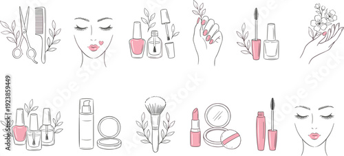 Beauty and Nail Care Cosmetic Icons Set, Hand Drawn Makeup Tools, Manicure Products and Female Face Illustrations Vector Collection