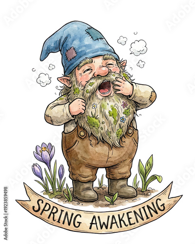 authentic human lifestyle concept Funny Garden Gnome Yawning in Spring Awakening Watercolor Illustration. Cute fairytale character waking from hibernation with flowers in beard. modern commercial stoc