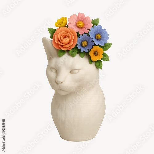 Cat sculpture adorned with flowers.