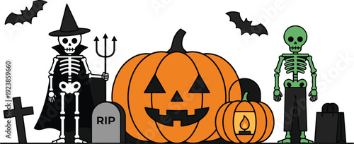 Halloween Skeletons with Jack O Lantern Pumpkins and Graveyard Scene, Spooky Cartoon Vector Illustration with Bats, Witch Costume and Tombstones