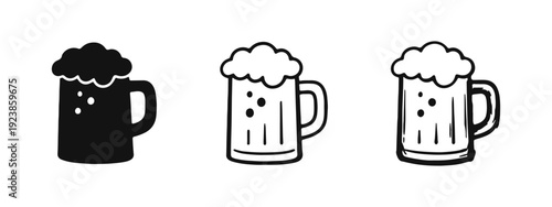 Beer Mug Icons Set - Alcoholic Beverage Symbols in Solid, Outline, and Hand-Drawn Doodle Style