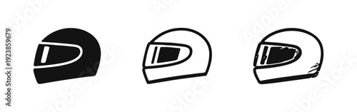 Motorcycle Helmet Icons Set - Safety Gear Symbols in Solid, Outline, and Hand-Drawn Style for Riders
