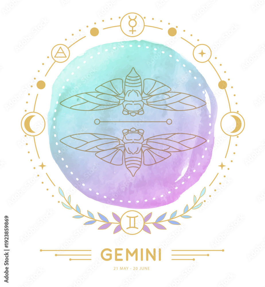 Fototapeta premium Modern magic witchcraft card with astrology Gemini zodiac sign characteristic on watercolor background. Vector illustration