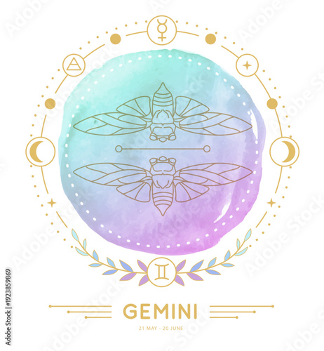 Modern magic witchcraft card with astrology Gemini zodiac sign characteristic on watercolor background. Vector illustration