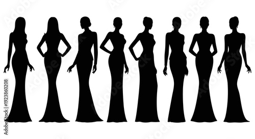 Fashion Event Black  White Vector Graphic: Elegant Women Silhouettes in Formal Evening Gowns and Dresses for Glamour, Beauty, and Red Carpet Themes.