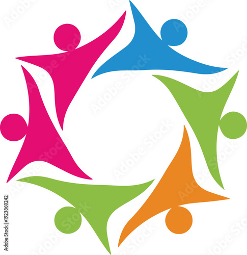 Six colorful abstract human figures in circle holding hands together representing unity community teamwork diversity
