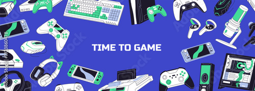 Design of advertising banner with round border from modern computer items. Template with circle frame from gamer's equipment to play video games: joystick, gamepad, console. Flat vector illustration.
