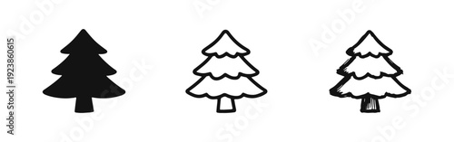 Winter holiday Christmas tree icons: solid, outline, and hand-drawn designs for festive projects.
