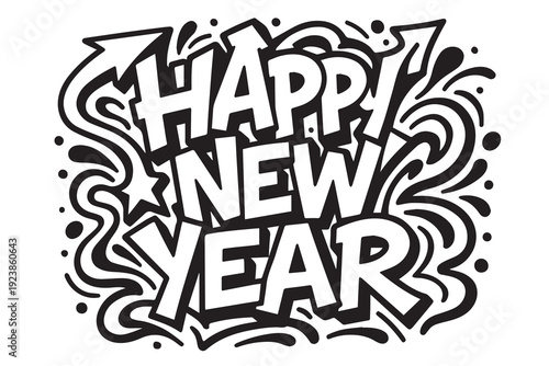A black and white vector background with Happy New Year graffiti style, featuring bold strokes and abstract artistic energy.