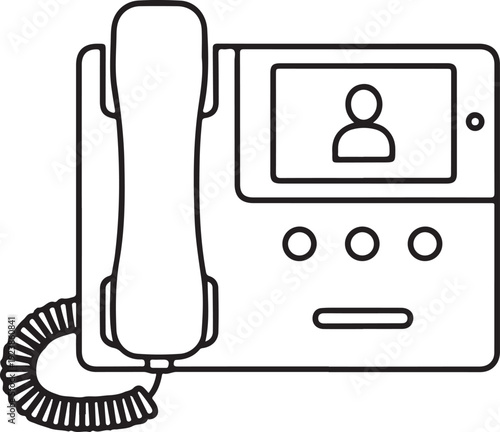 Voip office telephone icon with digital screen and caller profile symbol in modern line art style for business communication equipment on a transparent background