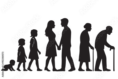 A vector silhouette sequence showing a woman’s life stages, from baby to adult, marriage, and old age, symbolizing growth, time, and life’s journey.